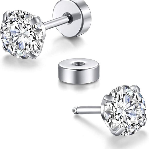 8 Pairs 14K Gold Plated Tiny Flat Back Stud Earrings - Hypoallergenic CZ Jewelry - Picture 3 of 7